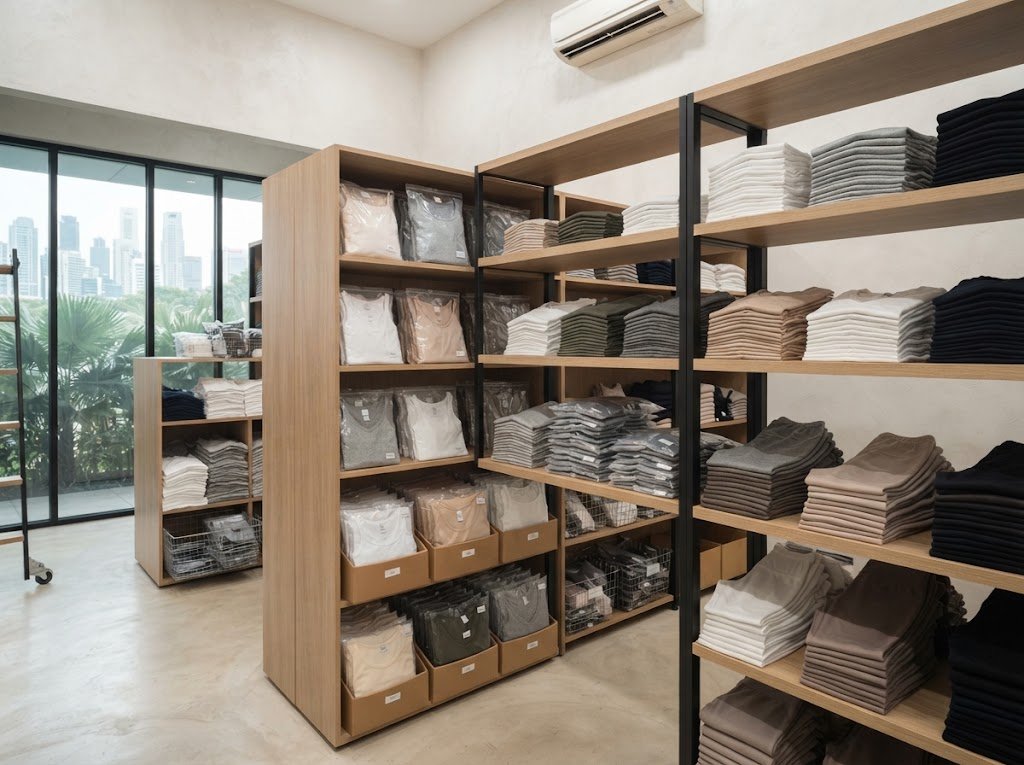 Stacks of plain tees, camisoles and basic innerwear in a Singapore wholesale store